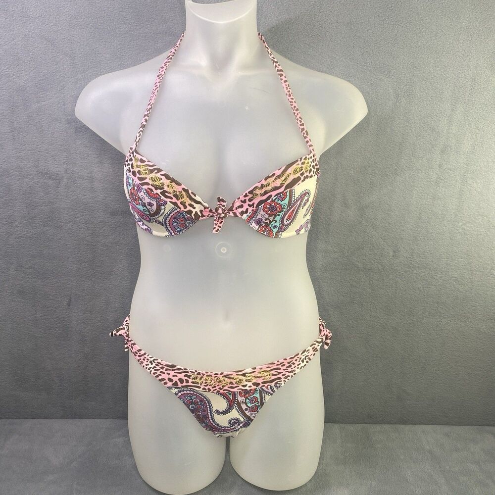 Cia Maritima Bikini L  Animal Print Paisley Pink Multi Brazilian Side Tie Gold